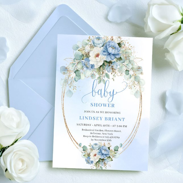 Chic Boho Pastel Blue Flowers Baby Shower Invites (Chic Boho Pastel Blue Flowers Baby Shower Invitation)