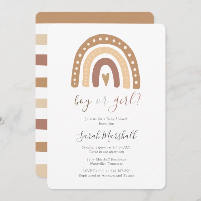 Chic Boho Pastel Brown Rainbow Baby Shower Invitation (Front/Back)