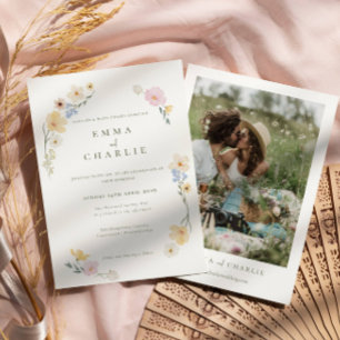 Chic Boho Pastel floral Photo Wedding Invitation