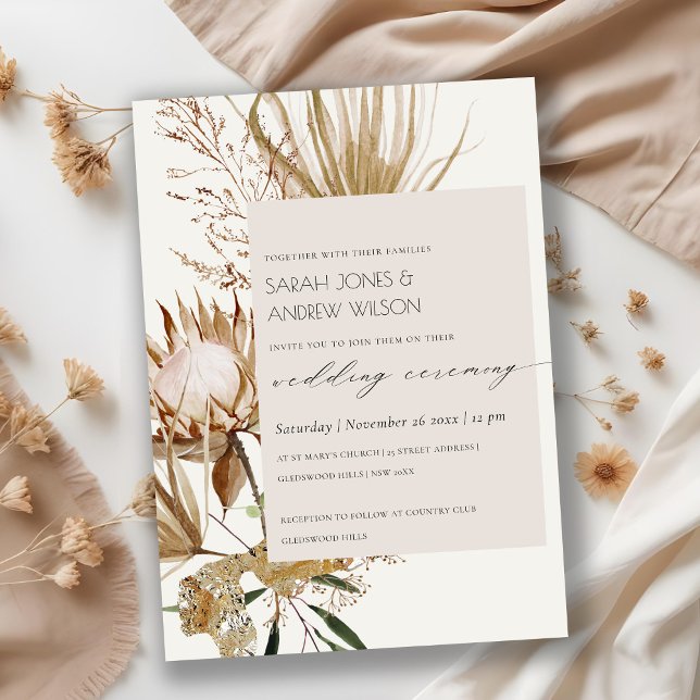 Chic Boho Protea Dry Palm Floral Wedding Invite (Creator Uploaded)