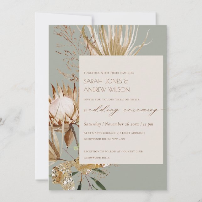 Chic Boho Protea Dry Palm Floral Wedding Invite (Front)
