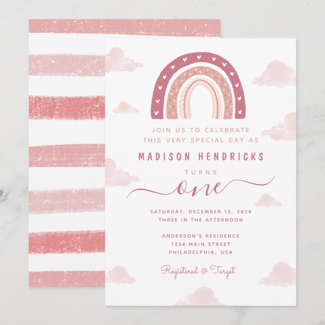 Chic Boho Rainbow and Clouds Pastel Pink Birthday Invitation (Front/Back)