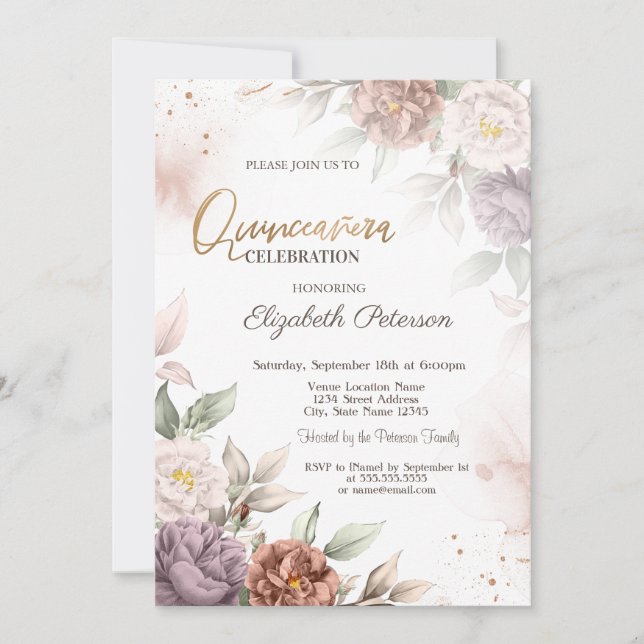 Chic Boho Roses Flowers Quinceañera Invitation (Front)