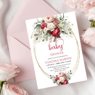 Chic Boho Ruby Red Blush Greenery Baby Shower Invitation