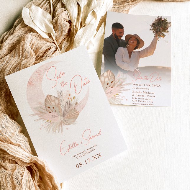 Chic boho rustic pampas floral moon wedding save the date (Creator Uploaded)