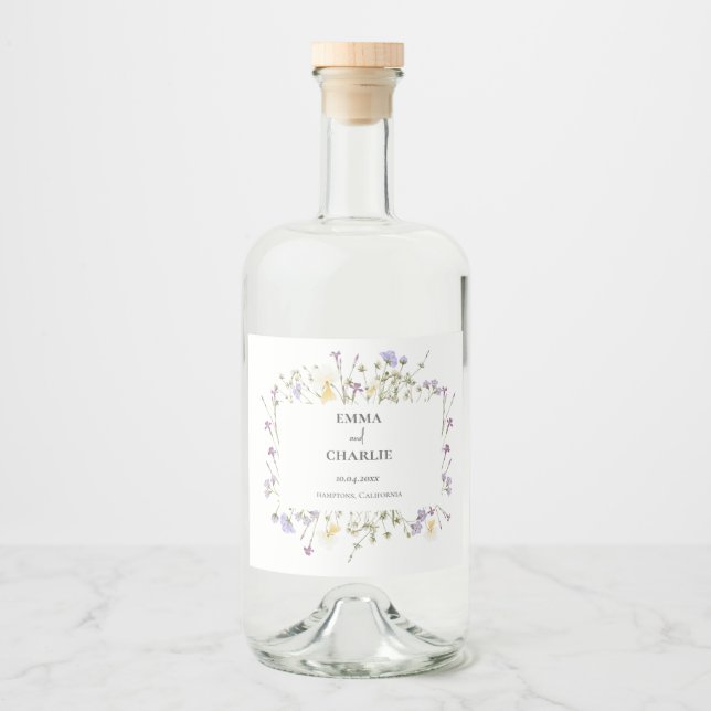Chic boho simple wildflowers Wedding Liquor Bottle Label (Front)