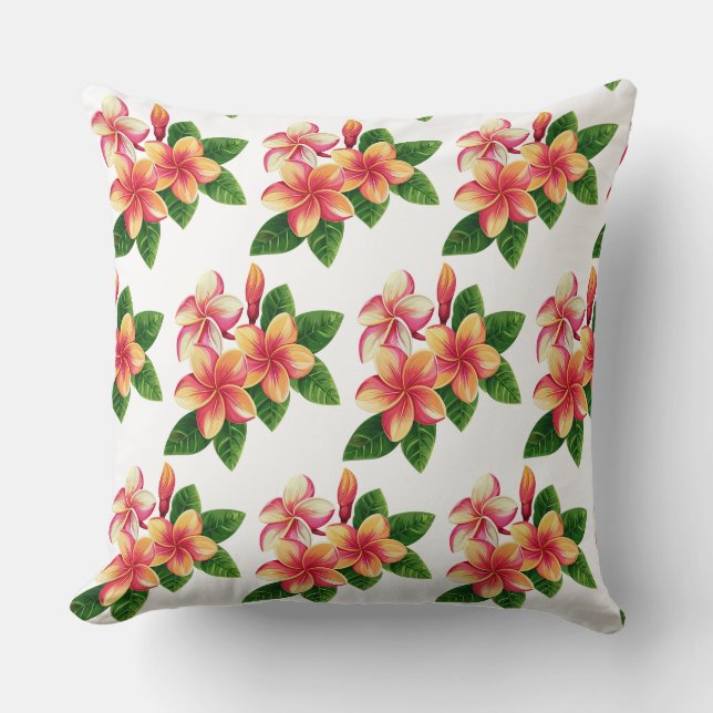 Chic Boho Tropical Pink Flowers on White Throw Pillow (Front)