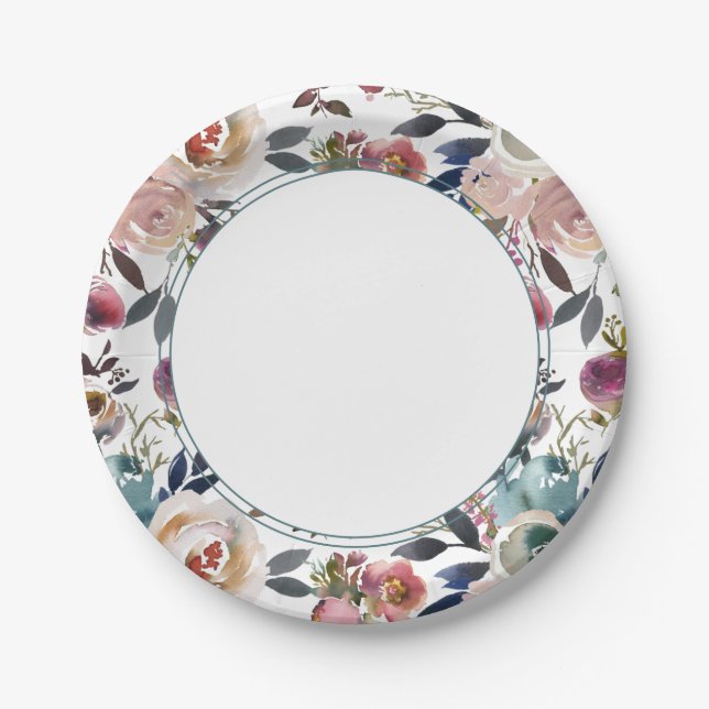 Chic Boho Wedding Blush Pink Blue Paper Plate (Front)