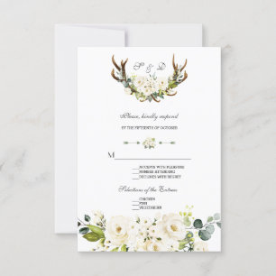 Chic Boho White Cream Flowers Antlers Wedding  RSVP Card