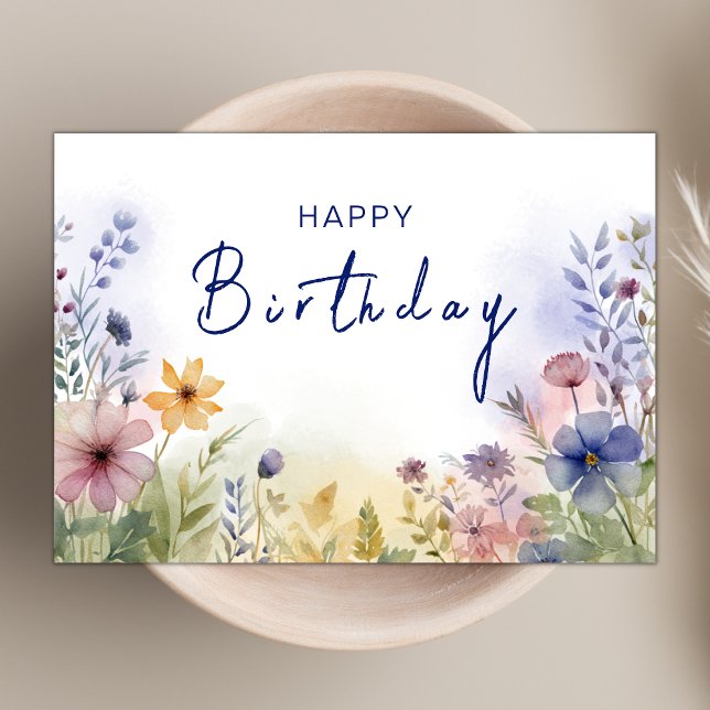 Chic Boho Wildflower Theme Navy Happy Birthday Card (Creator Uploaded)