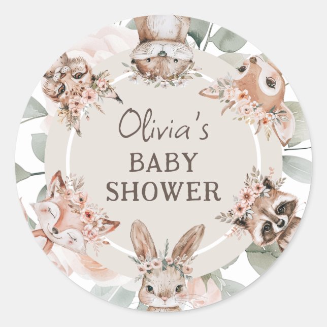Chic Boho Woodland Animals Baby Shower Classic Round Sticker (Front)