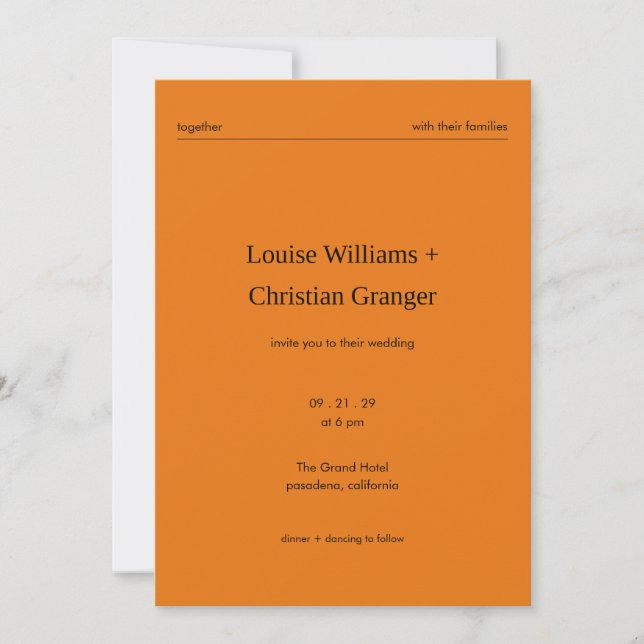 Chic Bold Minimalist Editorial Orange Wedding Invitation (Front)