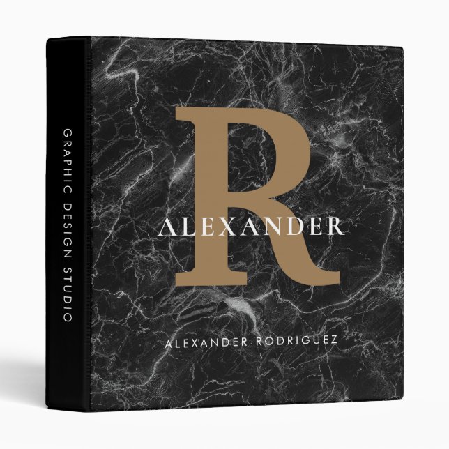 Chic Bold Monogram Black Gold Marble Office School Binder (Front/Spine)