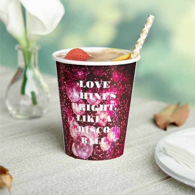 Chic Bold Pink Glitter Retro Disco Balls Wedding Paper Cups (Insitu)