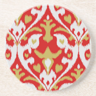 Chic bold red and gold tribal ikat print coaster