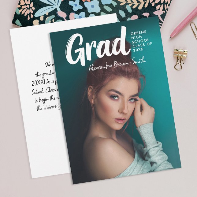 Chic Bold White Script School Grad Photo Portrait Announcement (Creator Uploaded)