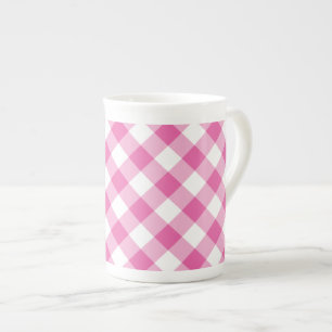Chic Bone China Mug: Pink, White Check Gingham Bone China Mug