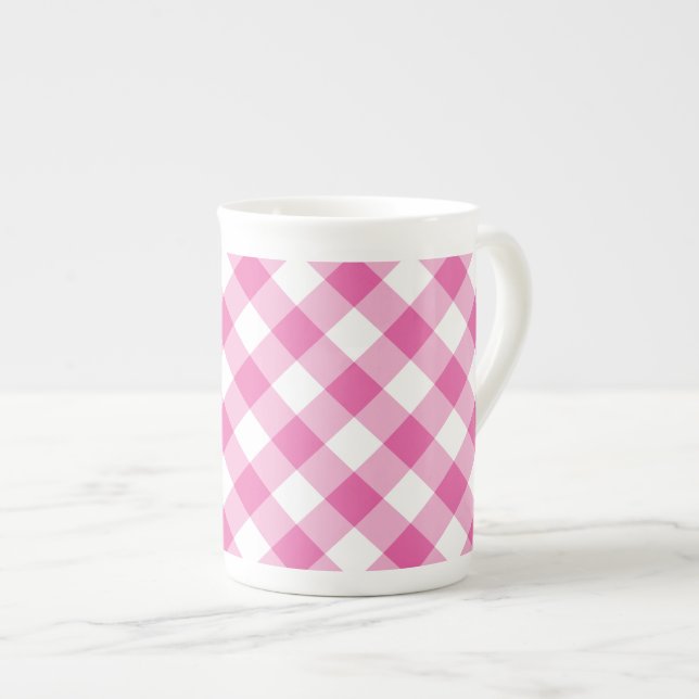 Chic Bone China Mug: Pink, White Check Gingham Mug (Front Right)