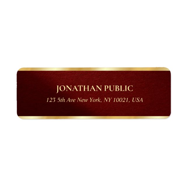 Chic Bordeaux & Gold Text Template Return Address (Front)