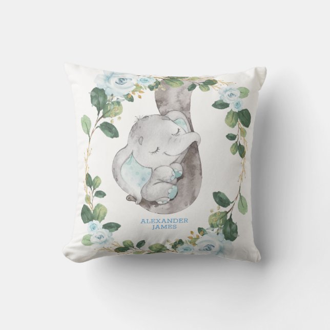 Chic Botanical Blue Floral Elephant Boy Nursery Throw Pillow (Front)