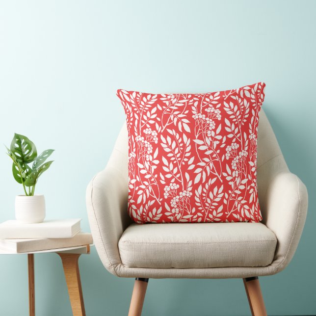 Chic Botanical Coral Red Foliage Pattern Throw Pillow (Chair)