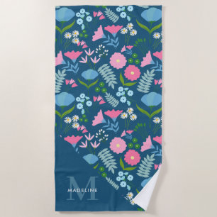 Chic Botanical Floral Elegant Navy Blue Monogram Beach Towel