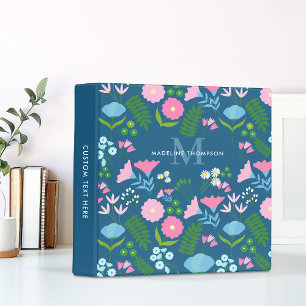 Chic Botanical Floral Elegant Navy Blue Monogram Binder
