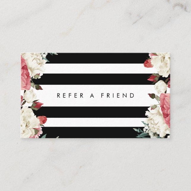 Chic Botanical Flowers Stripes Refer a Friend Card (Front)