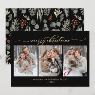 Chic Botanical Foliage 3 Photo Collage Christmas  Holiday Card