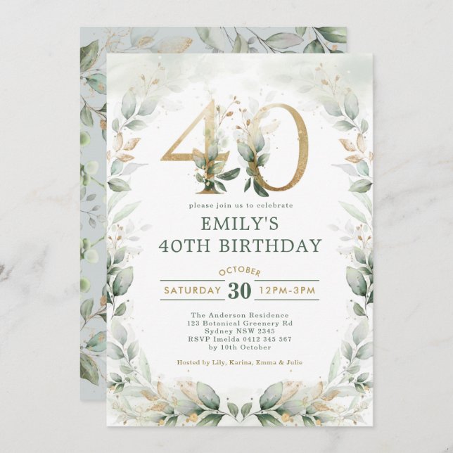 Chic Botanical Greenery Gold Garden 40th Birthday Invitation (Front/Back)