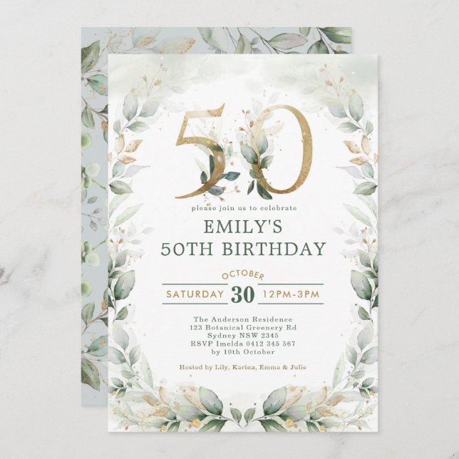 Chic Botanical Greenery Gold Garden 50th Birthday Invitation (Front/Back)