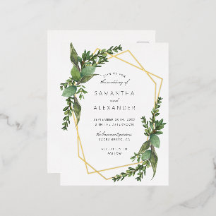 Chic Botanical Greenery & Gold Geometric Wedding Foil Invitation Postcard