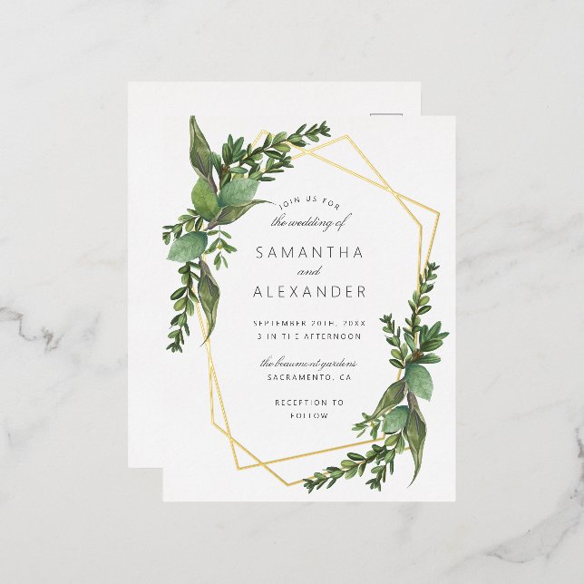 Chic Botanical Greenery & Gold Geometric Wedding Foil Invitation Postcard (Front/Back)