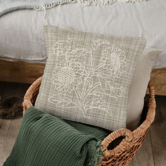 Chic Botanical Ivory Sunflowers On Dark Beige Throw Pillow