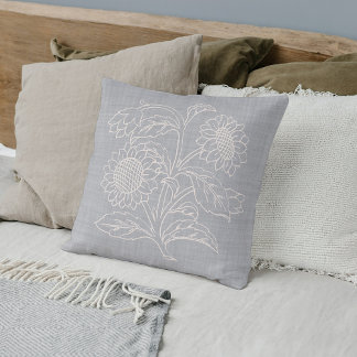 Chic Botanical Ivory Sunflowers On Light Grey Throw Pillow