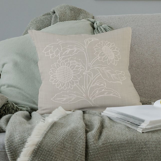 Chic Botanical Ivory Sunflowers On Oatmeal Beige Throw Pillow (Creator Uploaded)