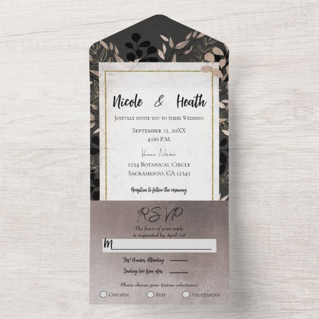 Chic Botanical Leaves Grey Blush Gold Wedding     All In One Invitation (Inside)