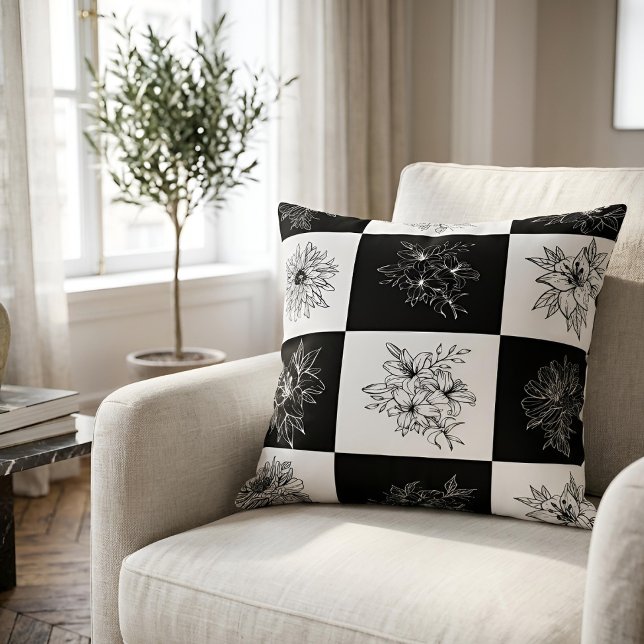 Chic Botanical Line Art Black & White Chequerboard Throw Pillow (Creator Uploaded)