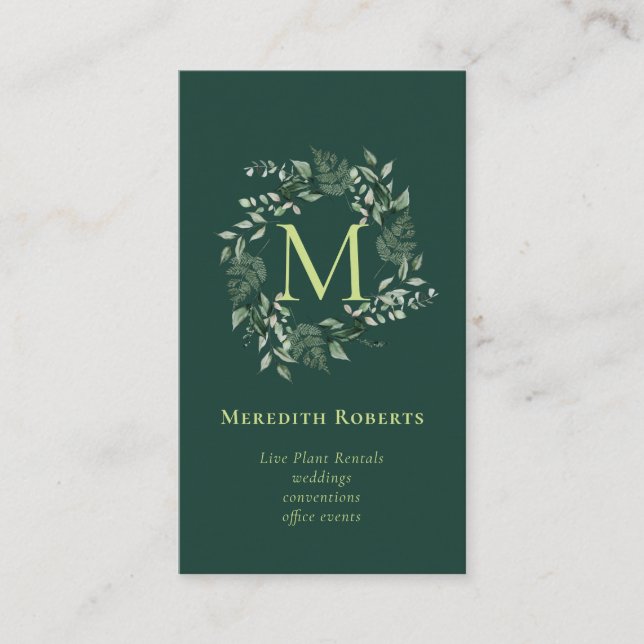 Chic Botanical Monogram Trendy Lime Emerald Green Business Card (Front)