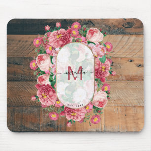 Chic Botanical Vintage Wreath Monogram Wood Mouse Pad