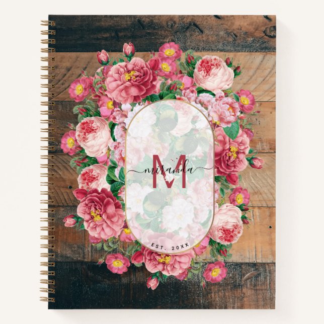 Chic Botanical Vintage Wreath Monogram Wood Notebook (Front)