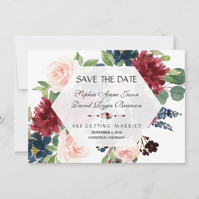 Chic Bourgogne Fleurs Hexagone Cadre Save The Date (Devant)