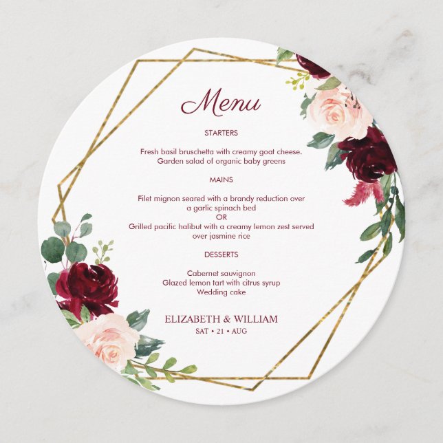 Chic Bourgogne Marsala Floral Menu Rond À Plaque (Devant)