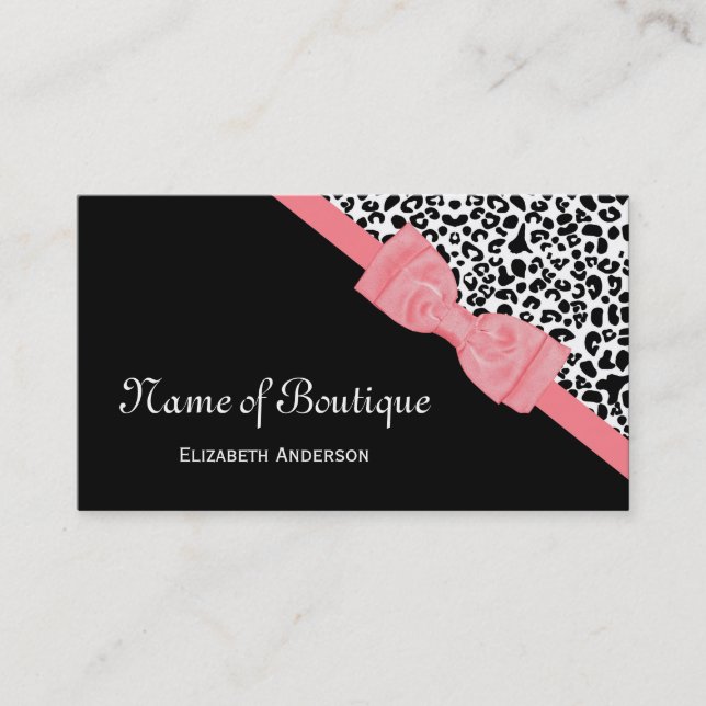 Chic Boutique Black and White Leopard Pink Ribbon Business Card (Front)