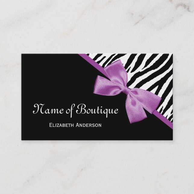 Chic Boutique Black and White Zebra Purple Ribbon Business Card (Front)