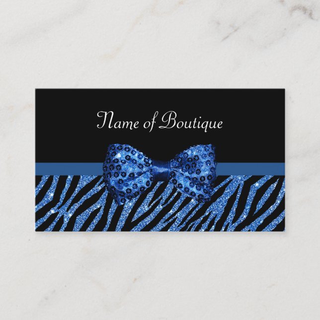 Chic Boutique Blue Zebra Print FAUX Glitz Bow Business Card (Front)