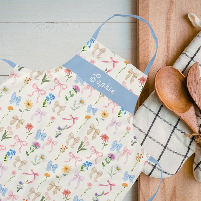 Chic Bow blue Floral Elegance Pattern Baking Apron (Creator Uploaded)