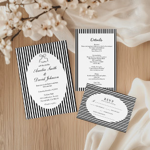 Chic Bow Minimalist Stripe Black White wedding Invitation