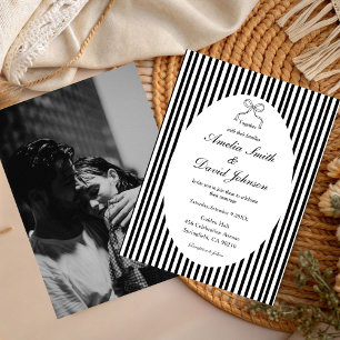 Chic Bow Minimalist Stripe Black white Wedding  Invitation