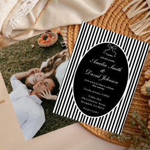 Chic Bow Minimalist Stripe Black white Wedding  Invitation